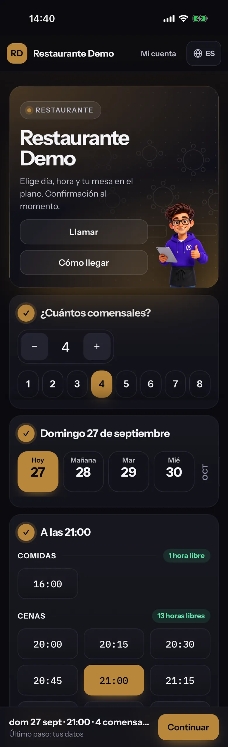 La página de reservas del restaurante en Safari del iPhone: 4 comensales, el domingo a las 21:00 y los huecos de las cenas